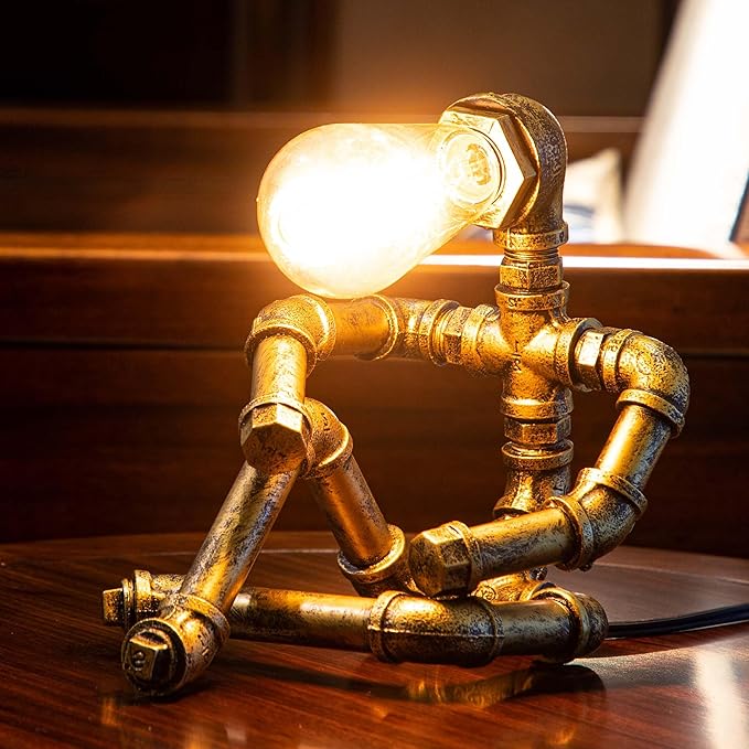 Steampunk Table Lamp, Vintage Industrial Metal Robot Table lamp, Water Pipe Table Lamp, Steam Punk Pipe Lamp Style Desktop Light for Bar Cafe Desktop Room Decoration