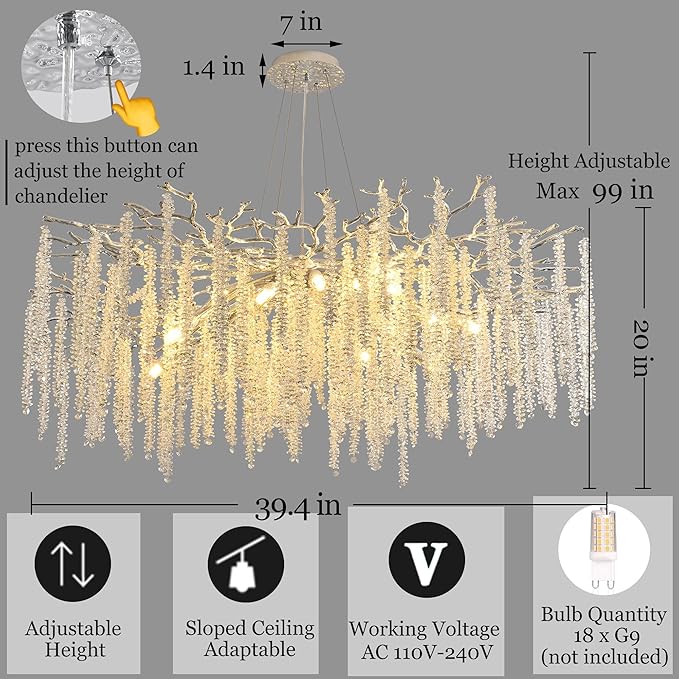 Modern Tree Branch Chandeliers Chrome D39.4'', Crystal Raindrop Chandelier for Living Room, Round Art Deco Lighting Fixture for for Dining Room Foyer Bedroom 15 Lights