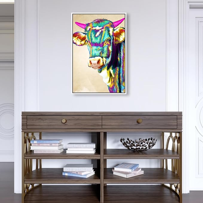 Country Farmhouse Canvas Print Painting Animal Wall Art 'Fun Colorful Glam Farm Cow' White Framed Canvas Rustic Home Décor 16x24 in Green, Pink by Oliver Gal