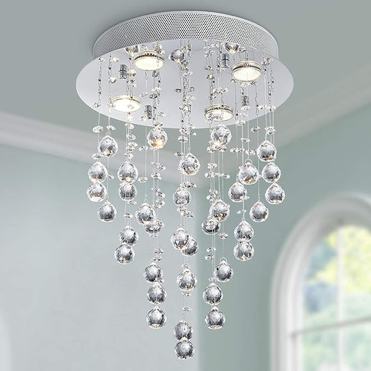 Bestier Modern Crystal Round Raindrop Chandelier Lighting Flush Mount LED Ceiling Light Fixture Pendant Lamp for Dining Room Bathroom Bedroom Livingroom 4 GU10 Bulbs Required 14 in Wide 20 inch High