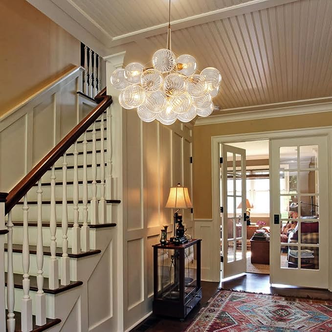 Longree Bubble Chandelier White and Gold 6-Light Dia 24" Swirled Glass Chandeliers Pendant Light Fixture for Kitchen Island, Bedroom, Dining Room
