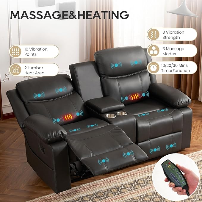 Reclining Loveseat Sofa with Massage & Heat, Recliner Couch, RV Love Seat Chair, Side Pockets, Extra Storage, Cup Holders, Adjustable Headrest & USB Ports for RV, Home Theater, Living Room