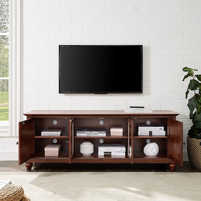 Crosley Furniture Cambridge Low Profile TV Stand for 65+ inch TVs, Entertainment Center with Storage Shelves, Vintage Mahogany