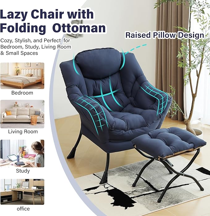 Lazy Chair with Ottoman, Modern Accent Chair with Folding Footrest, Navy Blue Sofa Chair Set, Comfortable Reading Chairs, Oversized Armchairs for Bedroom, Study, Living Room, Courtyard