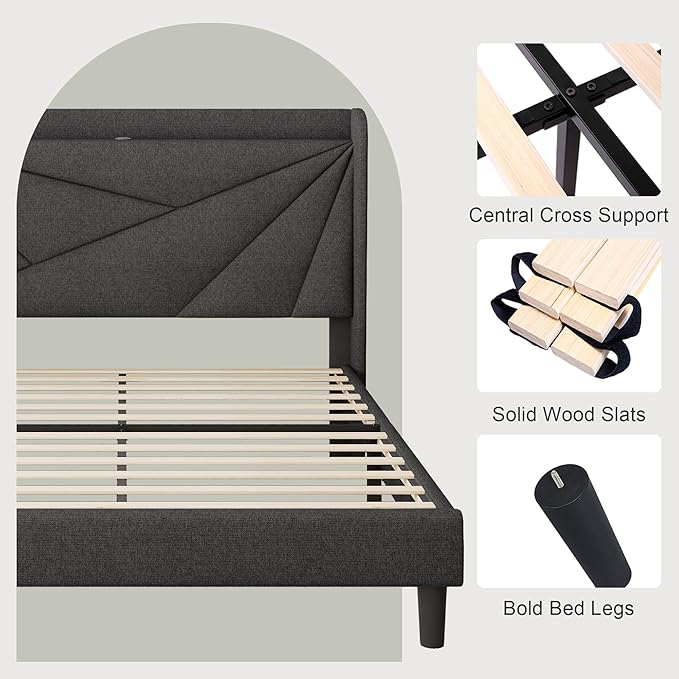 Feonase Queen Bed Frame with Charging Station, Linen Upholstered Platform Bedframe with Wingback Headboard, Solid Wood Slats Support, Noise Free, No Box Spring Needed, Charcoal Grey