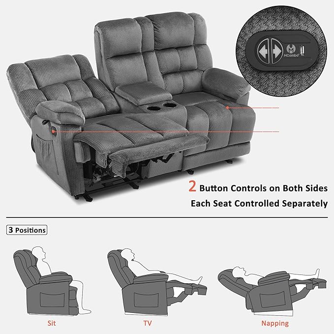 MCombo Zero Gravity Power Loveseat Recliner with Console, Heat and Vibration Massage, Reclining Loveseat Sofa with USB Ports, Cup Holders for Living Room, Fabric RS6234 (Grey)