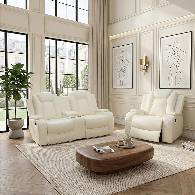 Power Recliner Sofa Set, Air Leather Reclining Couch with LED, Reclining Living Room Sofa and Loveseat Chair for House/Apartment/Office (Creamy White, LOVESEAT+Chair)
