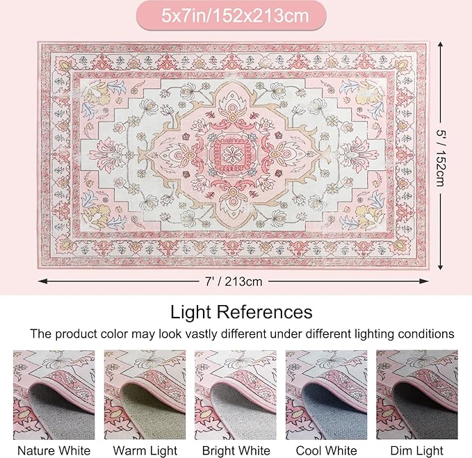 MOSISO 5x7 Area Rug for Living Room, Washable Area Rug, Non-Slip Vintage National Area Rugs, Low Pile Carpet, Faux Wool Rectangular Area Rugs Carpet for Living Room Bedroom Dining Room, Home, Pink