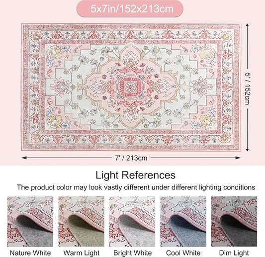 MOSISO 5x7 Area Rug for Living Room, Washable Area Rug, Non-Slip Vintage National Area Rugs, Low Pile Carpet, Faux Wool Rectangular Area Rugs Carpet for Living Room Bedroom Dining Room, Home, Pink