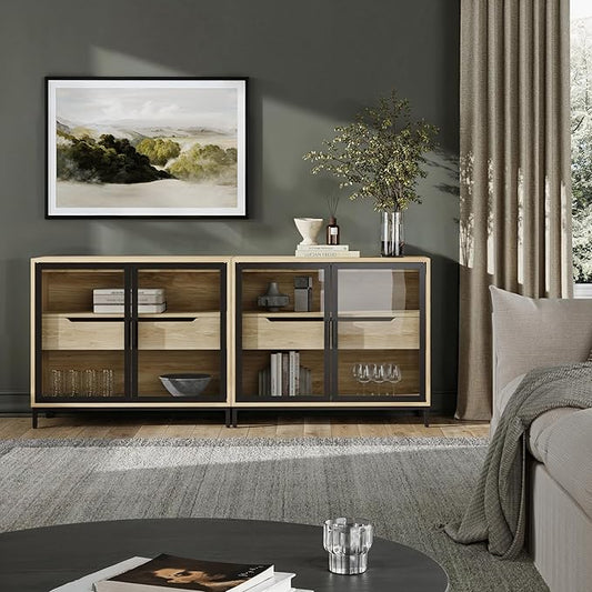 Nathan James Mackenna Metal and Glass Sideboard Accent Cabinet with Two Doors, Oak Credenza for Kitchen or Living Room Set of 2