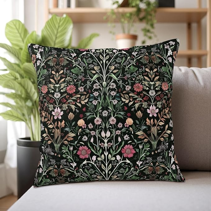 Black Sage Green Floral Pillow Covers 20x20 Set of 2 Vintage Botanica Fern Leaf Throw Pillow Cover Spring Flower Plants Farmhouse Pillowcases for Sofa Couch Home Decor