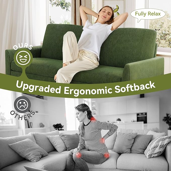 68" Loveseat Sofa, Comfy Green Corduroy Couches for Living Room, Mid Century Modern Love Seat Sofa, Tool-Free Setup Small Couches for Bedroom Office