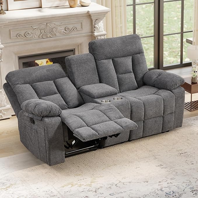 EBELLO Loveseat Recliner Sofa for Living Room, Extra Wide Modern Overstuffed 2 Seat Reclining Manual Sofa Chair, with Hidden Armrest Cup Holders, Breathable Fabric, Light Grey