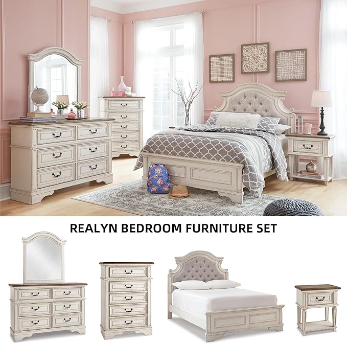 Signature Design by Ashley Realyn Cottage 6-Drawer Dresser and Mirror with Safety Stop and Felt-Lined Top Drawer, White