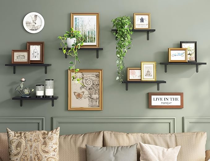 Fixwal Black Wall Floating Shelves for Bedroom, Shelves for Room Wall Set of 6, Wall Mounted Shelf for Bathroom, Kitchen and Living Room Storage- Black