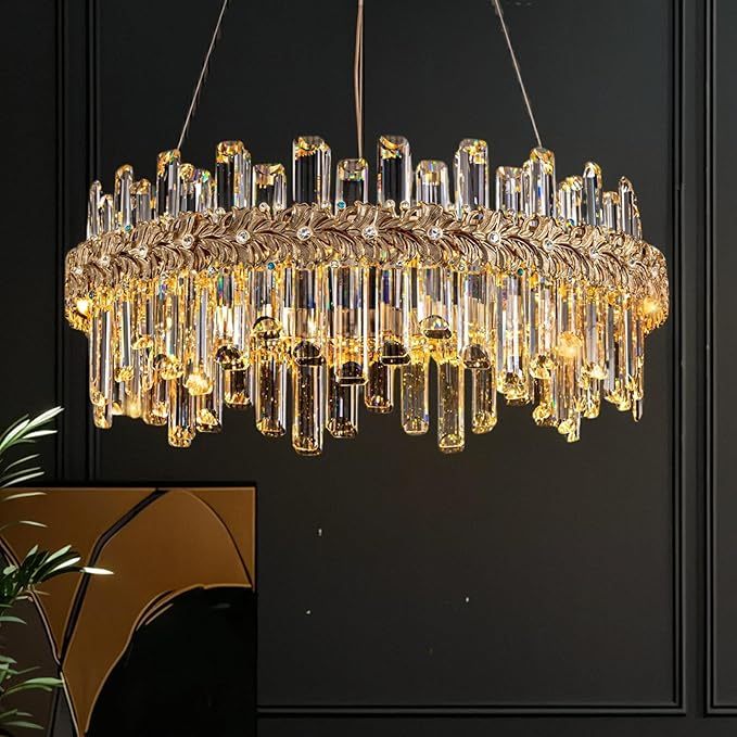 Gold Crystal Chandeliers for Dining Room,24" Luxury K9 Raindrop Crystal Chandelier,Adjustable Brushed LED Pendant Ceiling Light Fixture with Leaf-Edge for Dining Living Room Foyer Entryway