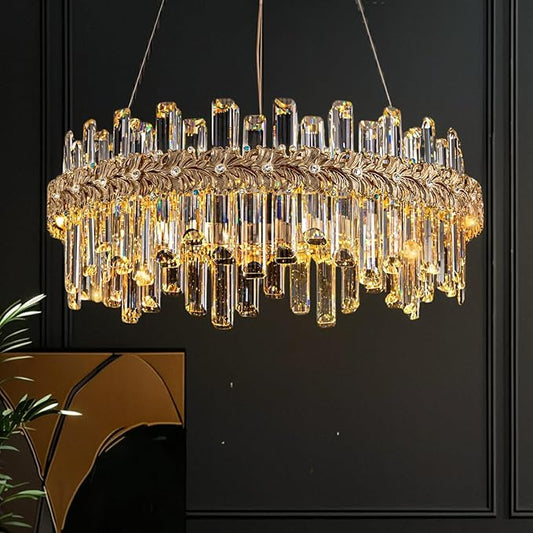 Gold Crystal Chandeliers for Dining Room,24" Luxury K9 Raindrop Crystal Chandelier,Adjustable Brushed LED Pendant Ceiling Light Fixture with Leaf-Edge for Dining Living Room Foyer Entryway