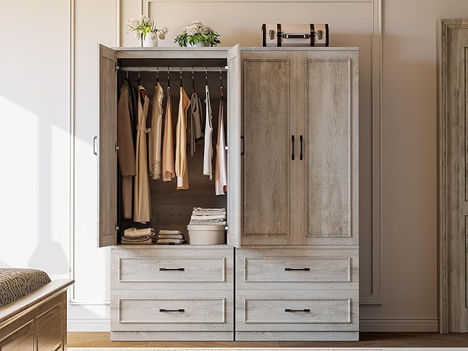 LIKIMIO Armoire Wardrobe Closet with 2 Doors and 2 Drawers 70" H x 28" W Wooden Bedroom Freestanding Wardrobe Combination for Hanging Clothes, Rustic Maple