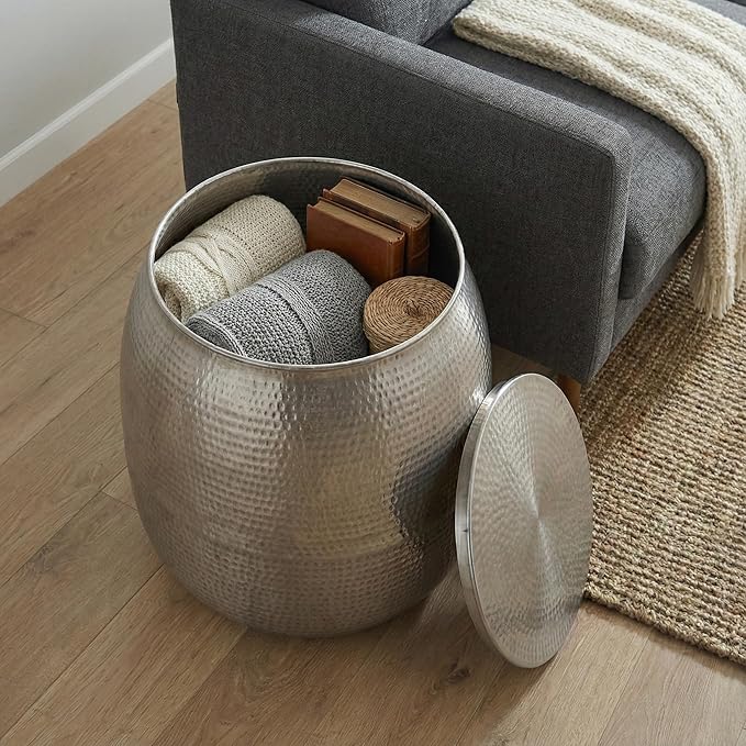 SIMPLIHOME Griffen Metal Storage Accent Table - 19 inch Wide Solid Metal Round Drum Side Table in Antique Nickel, Industrial End Table for Living Room with Hidden Storage Space, Assembled