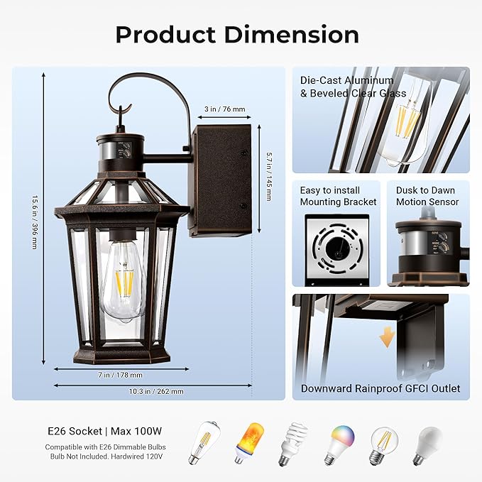 Gleamz Motion Sensor Outdoor Wall Light with GFCI Outlet, Oil-Rubbed Bronze Dusk to Dawn Outdoor Wall Lights Lantern, Exterior Lighting Fixtures for Garage Entrance, 5-Modes, Adjustable Sensitivity