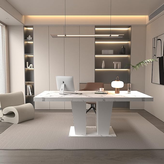 Ball & Cast Expandable Dining Table for 6-10,63-78.74" Kitchen Table W/Heavy Duty Pedestal Base,Rectangular Extendable Dining Room Table for Small Space,White Marble
