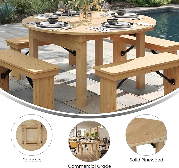 Flash Furniture Hercules Commercial Round Farmhouse Folding Table, Antique Rustic Solid Pine Dining Room Table, Foldable Locking Legs, 60" Diameter, Light Natural