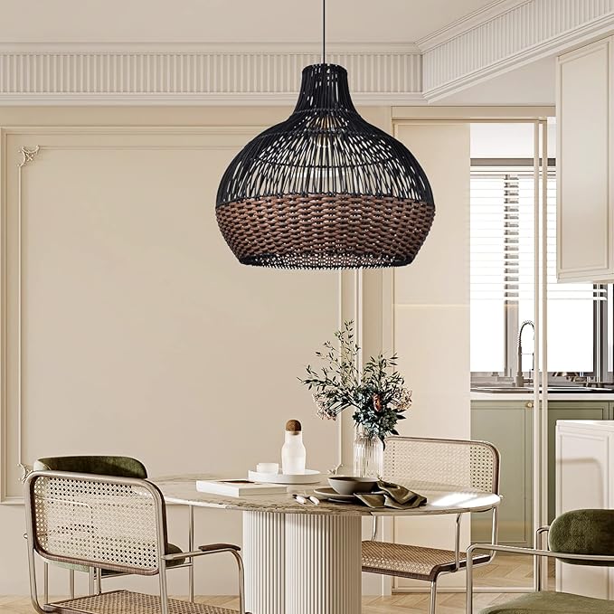 Arturesthome Rattan Pendant Lights, Wicker Chandelier Boho Basket Lighting Fixtures, Natural Woven Hanging Lamp for Kitchen Island Dining Room Black