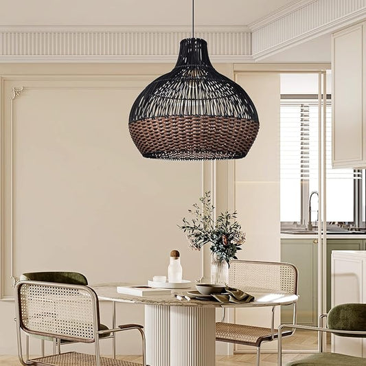 Arturesthome Rattan Pendant Lights, Wicker Chandelier Boho Basket Lighting Fixtures, Natural Woven Hanging Lamp for Kitchen Island Dining Room Black