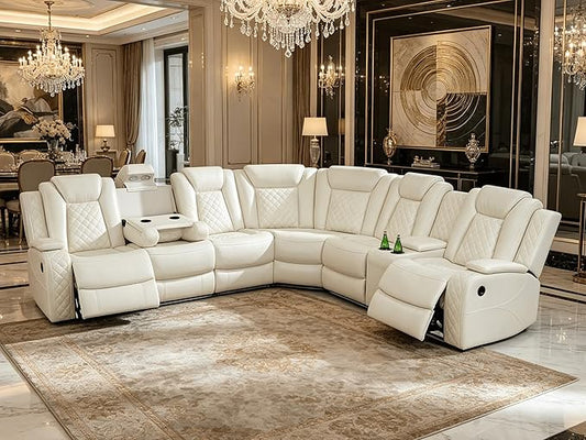 Power Recliner Sectional Sofa with LED Lighting, Breathing Leather Corner Couch with USB Port,Storage Console, Cup Holders, Reading Light – Home Theater & Living Room Seating (Cream White)