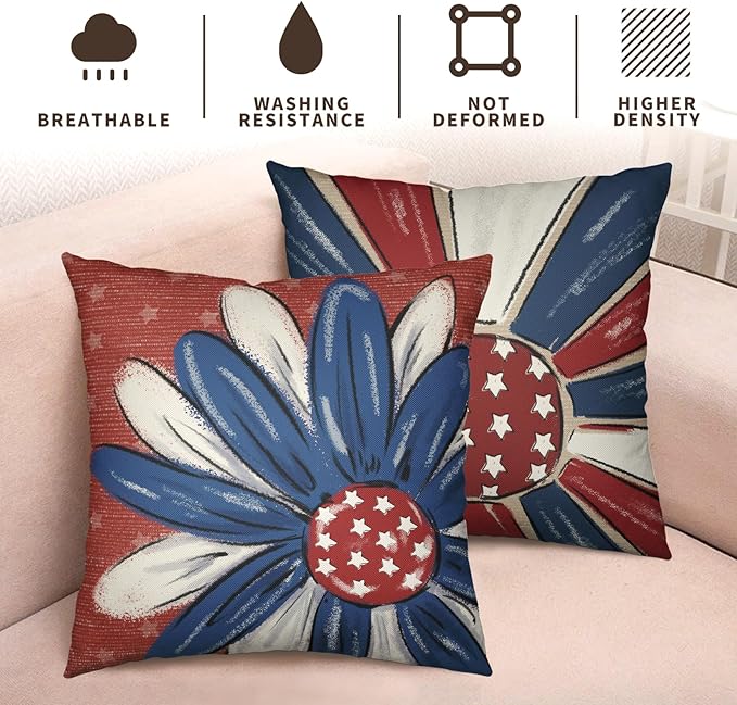 4th of July Patriotic Pillow Covers 16x16 Set of 2 Red White Blue Flower Stars Fourth of July Decorative Pillow Cases Independence Memorial Day Outdoor Cushion Cover for Home Couch Sofa