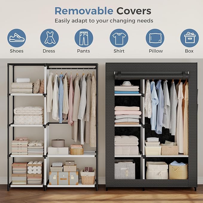 DUMOS Portable Wardrobe Closet with Cover, Freestanding Portable Garment Rack, Portable Closet Wardrobe for Clothes Storage, Clothes Organizer for Bedroom, Dorm, Apartment, Black.