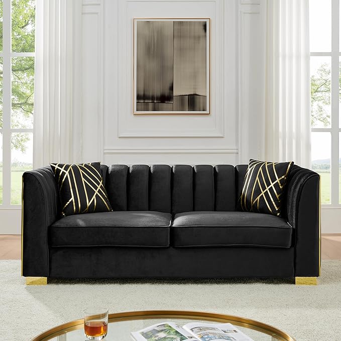 KEIKI 81" Luxury Oversized Velvet Chesterfield Sofa with 2 Pillow & Gold Stainless Decoration, Mid-Century Style 3-Seater Button Tufted Couch with Square Arms, Easy Assembly, for Living Room, Black