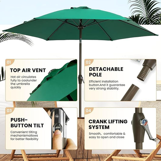 Ayge 7.5FT Large Outdoor Patio Umbrella Market Table Umbrella-UV Resistant, Easy Push Button Tilt and Crank, 6 Sturdy Fiberglass Ribs Heavy-Duty Pool Umbrella for Deck, Backyard,Garden, Yard,Green