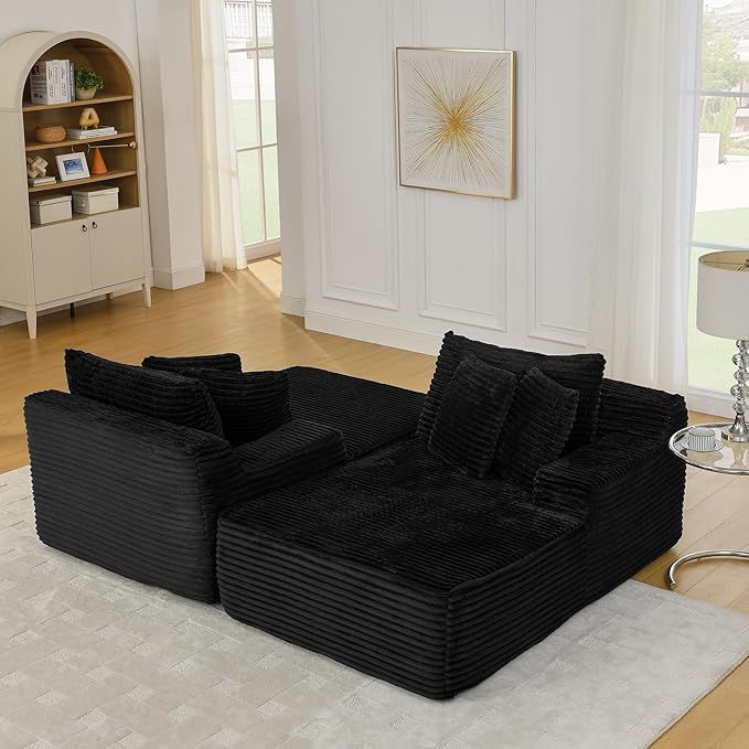 Fluffy Corduroy Double Chaise Lounge Daybed 83-Inch Oversized Loveseat Sleeper Sofa Bed,Boneless Love Seat Recliner Sleeper Couch Full Foam Floor Cloud Sofa Chaise W/6 Pillows for Living Room Bedroom
