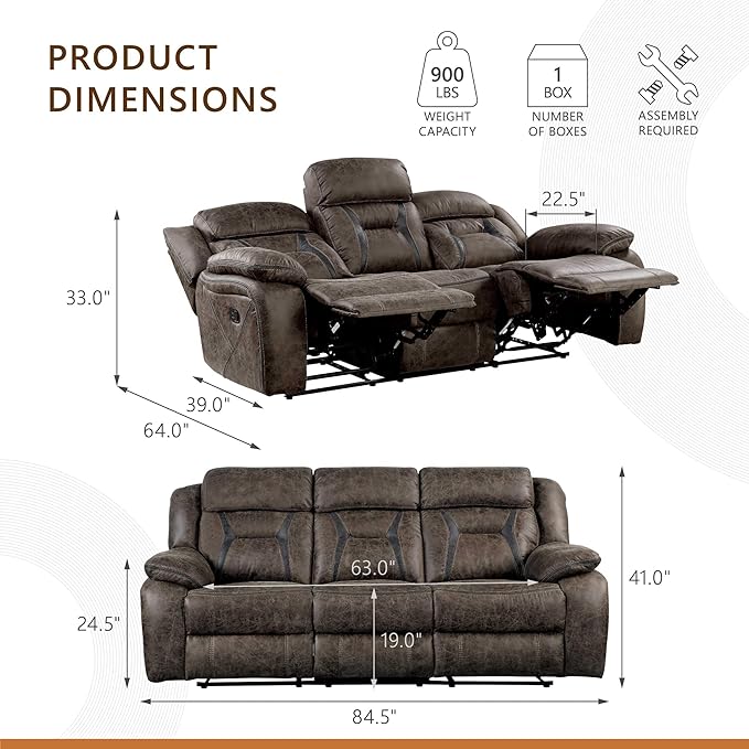 Homelegance Recliner Living Room Set, Manual Polished Microfiber Upholstery Recliner Sofas, Loveseat and Chair, 3-Piece Set, Dark Brown