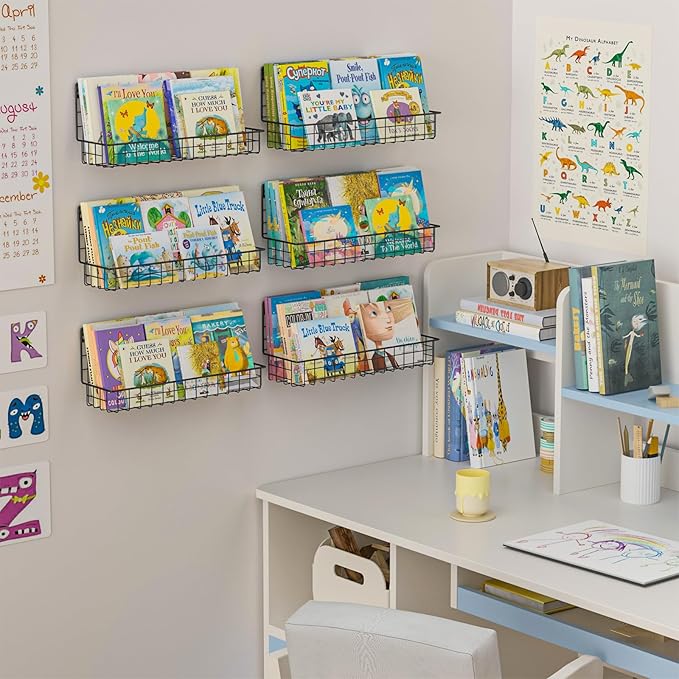 X-cosrack 6 Pack Wall Mounted Metal Kids Bookshelf, Floating Book Shelves for Kids Nursery Toddler Bedroom Classroom, Hanging Book Shelf Storage Organizer for Room Decor, Black