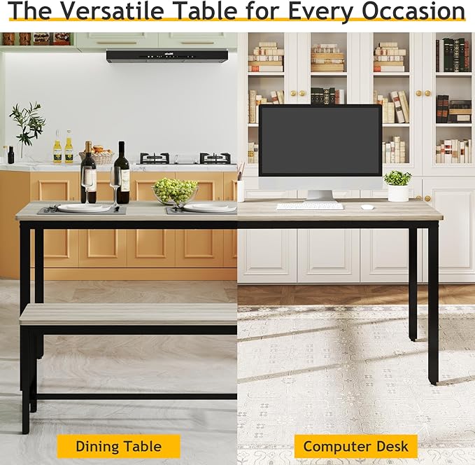 Rovibek 43" Dining Table Benches Set for 4, Modern Space Saving Kitchen Table Chairs & Adjustable Feet Breakfast Table 2 Benches, Wooden Industrial Style Farmhouse, Light Grey