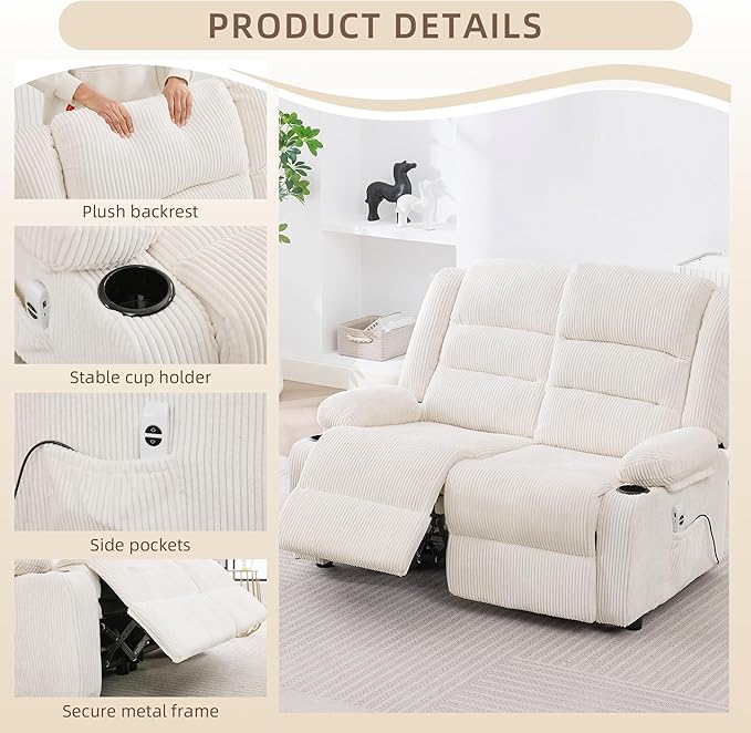 52Inch Power Loveseat Recliner,Electric Reclining Loveseat Sofa,Adjustable Love seat Recliner Sofa for Living Room,Bedroom with Charging Ports (Striped White)