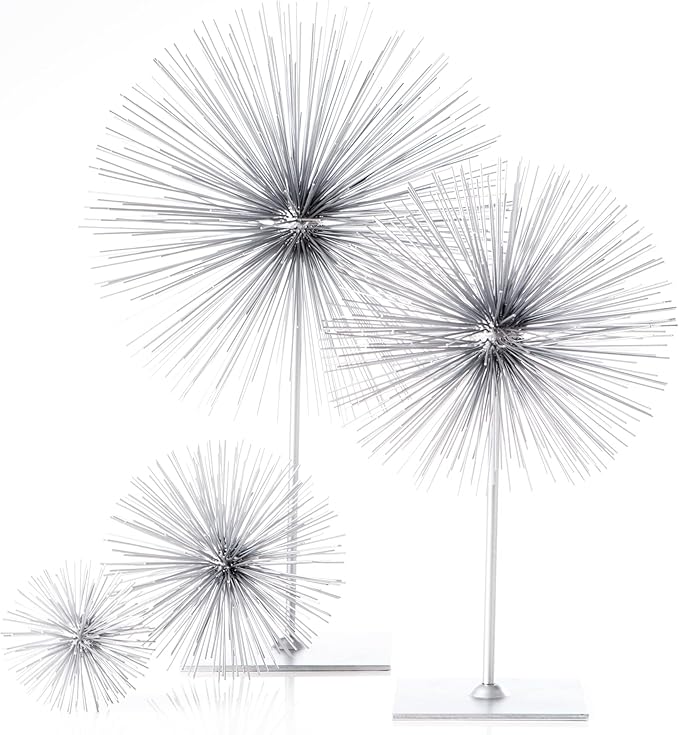 Torre & Tagus 7” Spike Silver Sphere Decor (Steel Metal Ball Decor) Handmade Starburst Table Decoration, Geometric Decorative Objects for Shelves, Mid-Century Modern Sputnik Home Table Accent