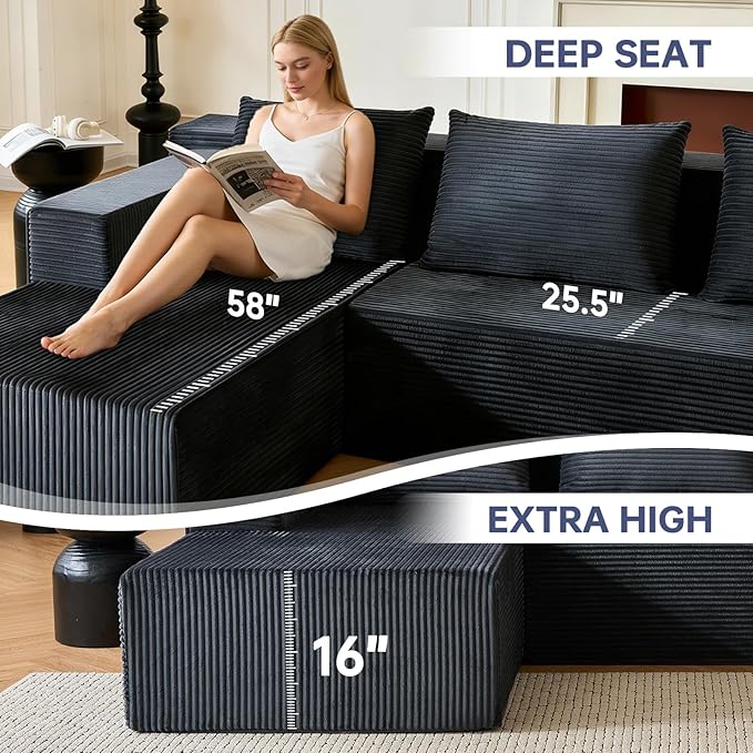 HonTop 103” Modular Sectional Sofa L-Shaped Cloud Couch, Boneless Comfy Corduroy Sofa with Deep Seat, Modern Minimalist Upholstered Couches, No Assembly Required for Living Room Bedroom, Dark Grey | Friendly Size, Flexible Modular, Family Pet-Friendly,...