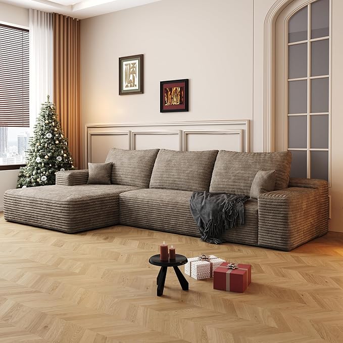 107" Boneless Couch with L Shaped Chaise, Plush Corduroy Sleeper Sectional Sofa, Deep Seat Comfy Couches for Living Room Bedroom, Compressed Foam Cloud Sofas, No Assembly, Left Facing Chaise, Camel