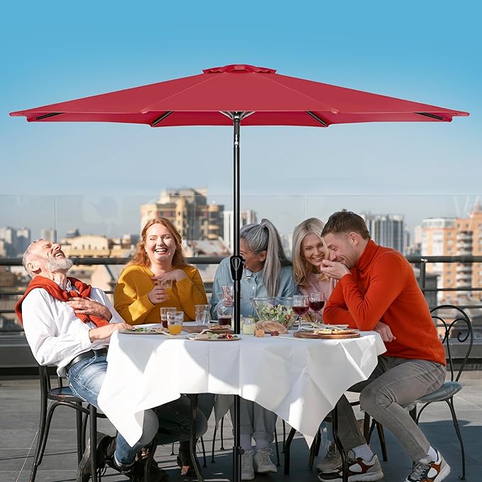 Simple Deluxe 9FT Outdoor Patio Umbrella Table Market Umbrella with Push Button Tilt and Crank, 8 Sturdy Ribs, UV Protection Waterproof for Garden, Lawn, Deck, Backyard, Pool, Red