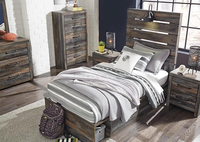 Signature Design by Ashley Drystan Rustic Twin Panel Platform Bed with 4 Storage Drawers, Open Cubbies, Sconce LED Light and USB Ports, Foundation or Box Spring Not Needed, Dark Brown & Gray