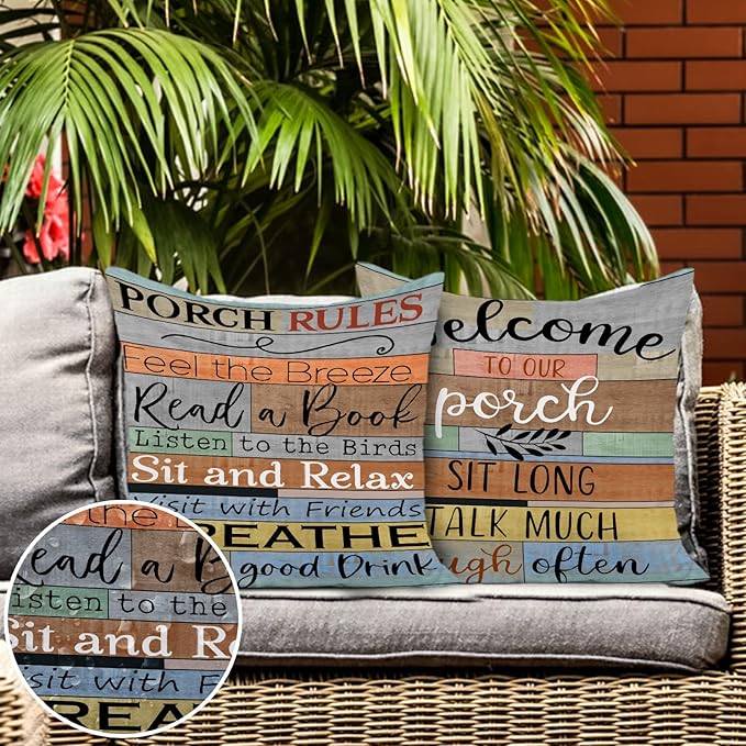 Jartinle Decorative Outdoor Pillow Covers Porch Rules Sign Farmhouse Throw Pillow Covers, Square Linen Patio Cushion Cases for Couch Bench Seat Chair Car 18x18 Inch