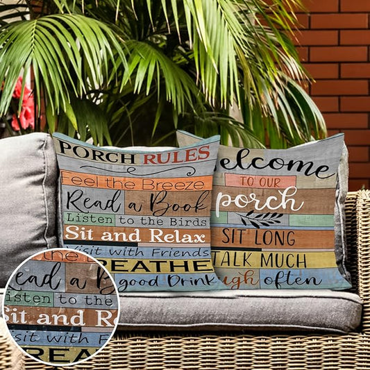 Jartinle Porch Rules Sign Outdoor Pillow Covers Waterproof Welcome to Our Porch Patio Pillow Covers for Couch Bench Patio Furniture Set of 2 (Brown, 16x16)