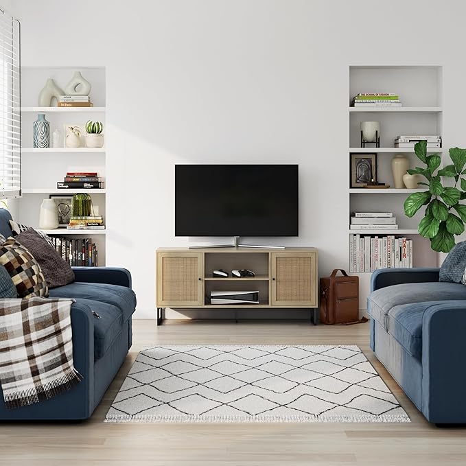 Nathan James 74101 Mina Modern TV Stand, Entertainment Cabinet, Media Console with a Natural Oak Wood Finish and Matte Black Accents with Storage Doors for Living Room or Media Room, Oak/Black