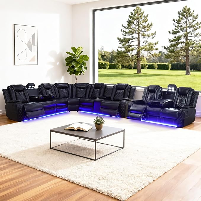 Leather Power Recliner Sectional Sofa Set with LED Light,L Shape Leather Couch Set with 3 Seats Sofa,Modular Corner Couch with USB Port for Living Room Furniture(Black, Sectional+3 Seats)
