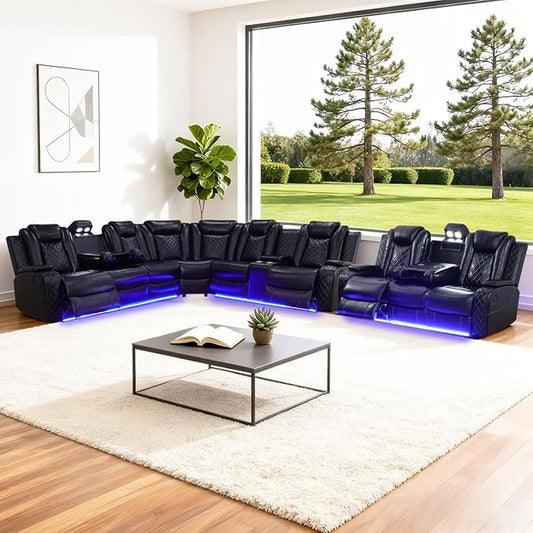 Leather Power Recliner Sectional Sofa Set with LED Light,L Shape Leather Couch Set with 3 Seats Sofa,Modular Corner Couch with USB Port for Living Room Furniture(Black, Sectional+3 Seats)