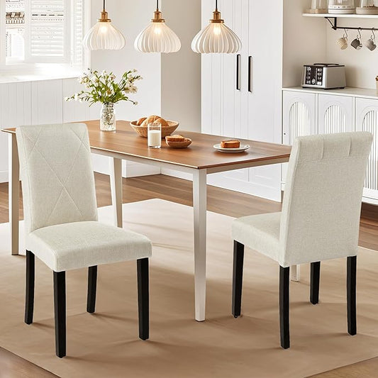 VECELO Upholstered Dining Chairs Set of 4, Modern Fabric and Solid Wood Legs & High Back for Kitchen/Living Room- Beige