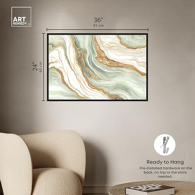Art Remedy Green And Gold Framed Mineral, Agate & Geode 1 Piece Canvas Wall Art, 37" x 25", Black Frame